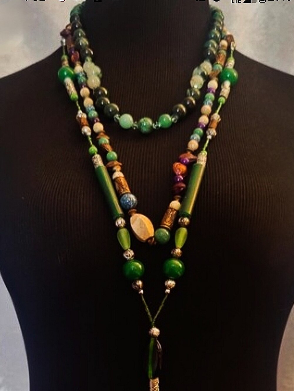 Boho Green Layered Necklace Bundle Jade Agate Jasper Glass Beads Artisan 3 Pc
